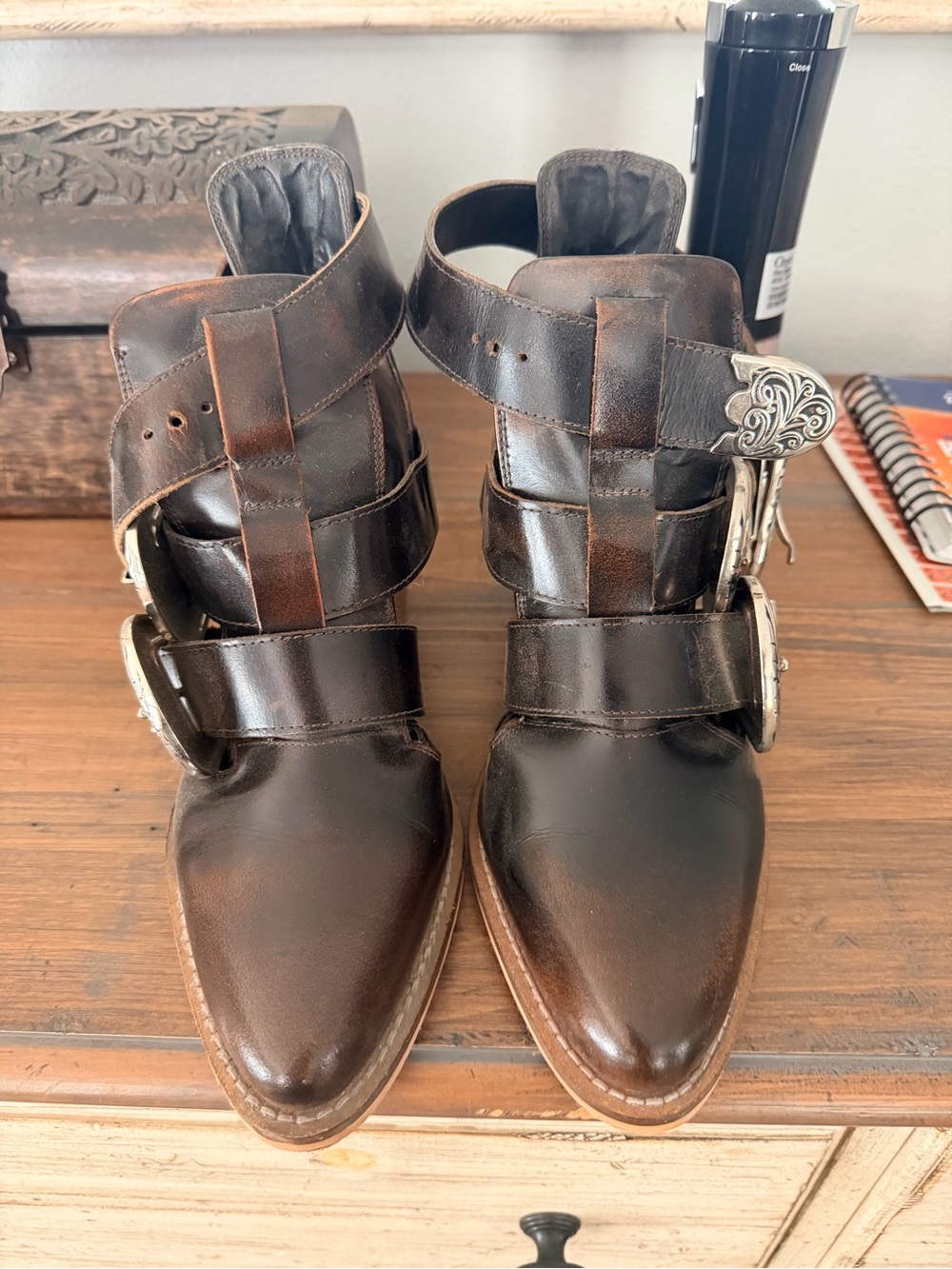 Women's Dark Brown Leather Buckle Ankle Booties